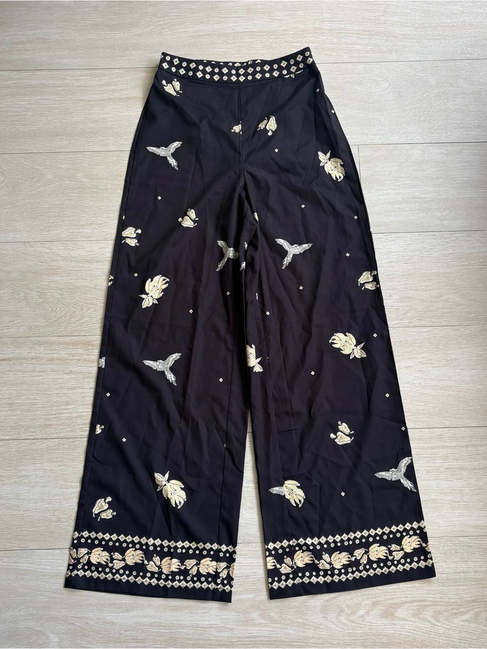 Black Wide-Leg Embroidered Floral Trousers